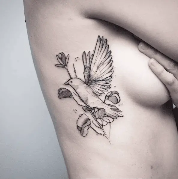 Floral Canary Bird Side Boob Tattoo