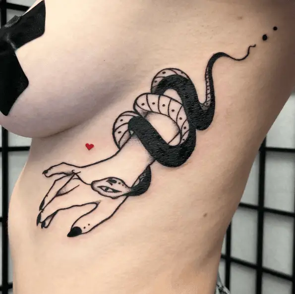 Snake Wrapped Around Hand Side Boob Tattoo