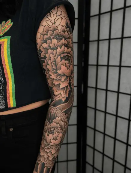 Black and Grey Japanese Peony Sleeve Tattoo