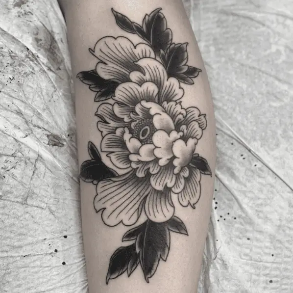 Greyscale Japanese Peony Flower with Leaves Tattoo