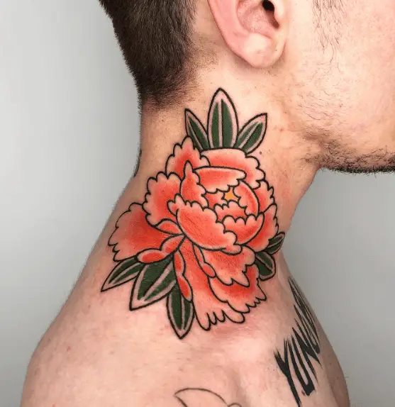 Traditional Japanese Peony Flower Neck Tattoo