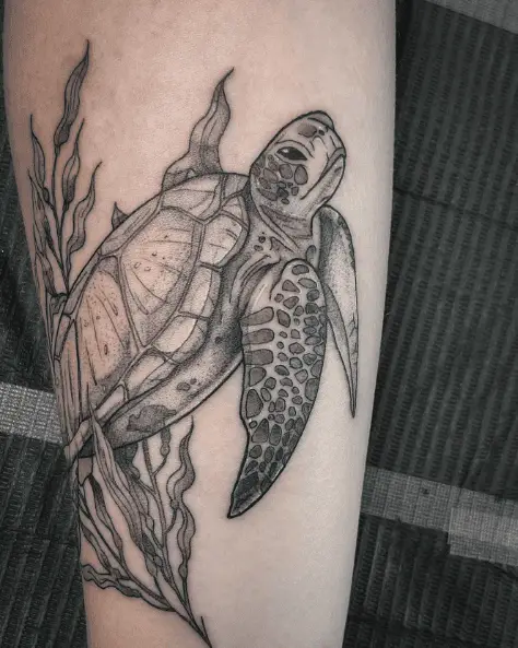 Sea Turtle and Underwater Coral Reef Plant Tattoo