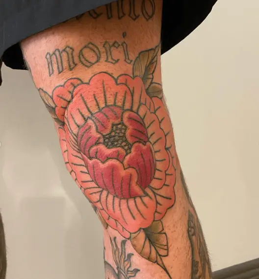 Pink Japanese Peony Flower Knee Tattoo