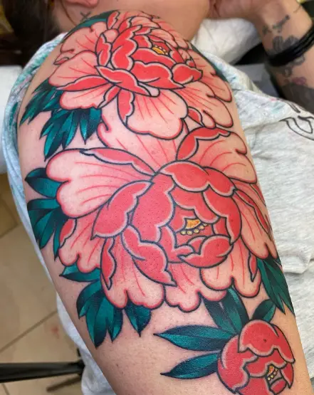 Orange and Green Japanese Peony Flower Tattoo