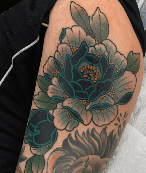 Blue and Green Neo Traditional Peony Flower Tattoo