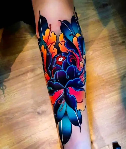 Bright Blue Japanese Peony Flower Tattoo