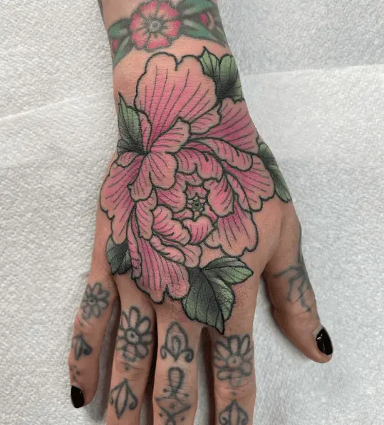 Pink and Green Peony Flower Hand Tattoo