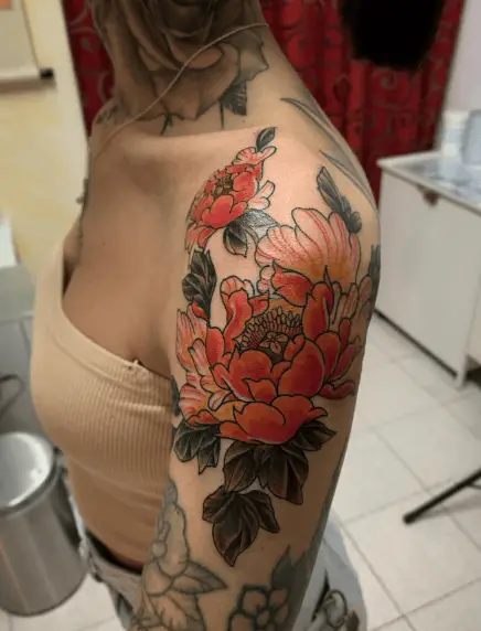 Orange Japanese Peony Flower Arm Tattoo