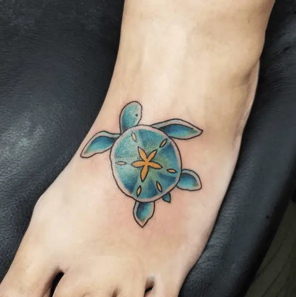 Blue Sea Turtle with a Sand Dollar Shell Tattoo