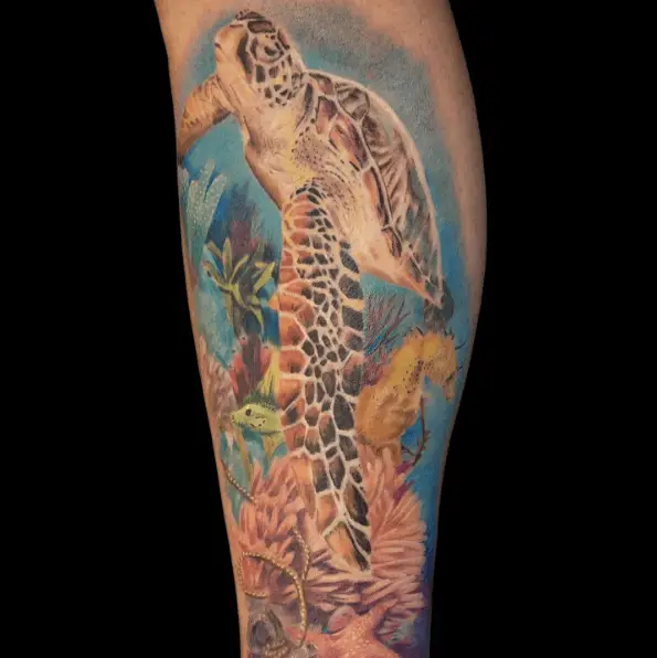 Sea Turtle, Sea Horse and Fish Underwater Tattoo