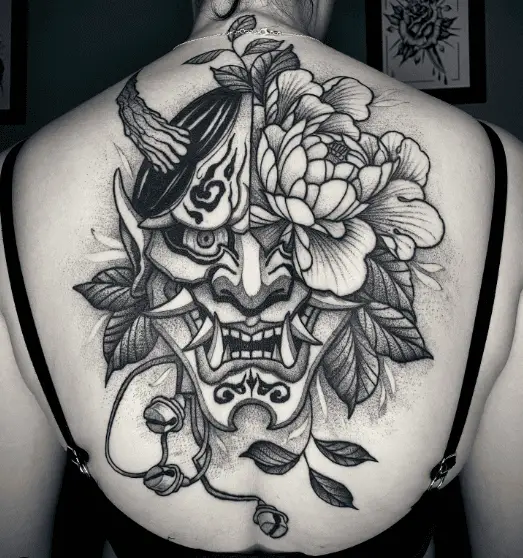 Japanese Peony with Leaves and Devil Mask Back Tattoo