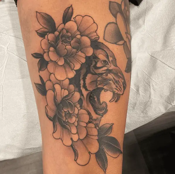 Greyscale Roaring Tiger and Peony Flowers Tattoo