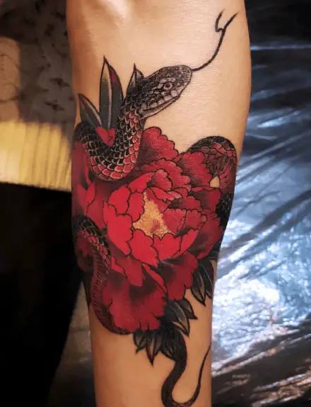 Red Peony Flower with Snake Tattoo