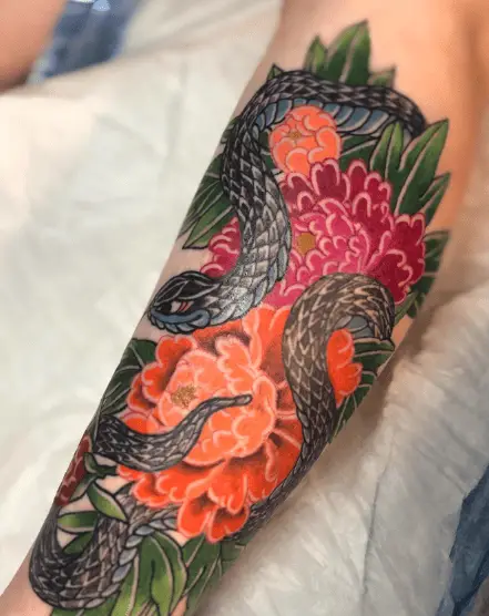 Orange and Red Peony Flowers and Snake Tattoo
