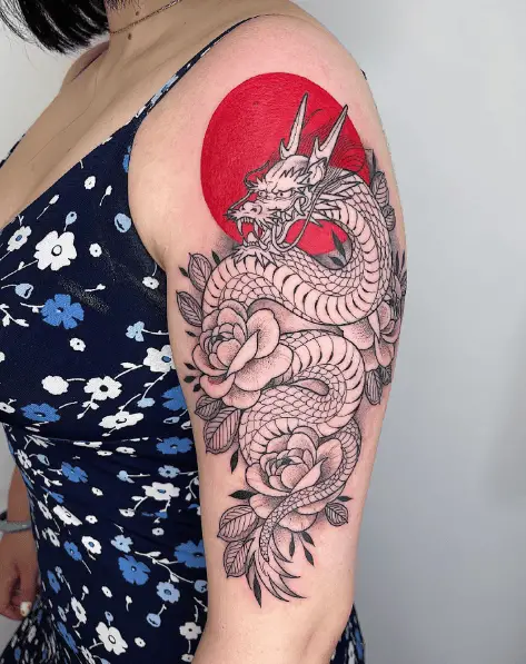 Black and Grey Dragon and Peony Flowers Arm Tattoo