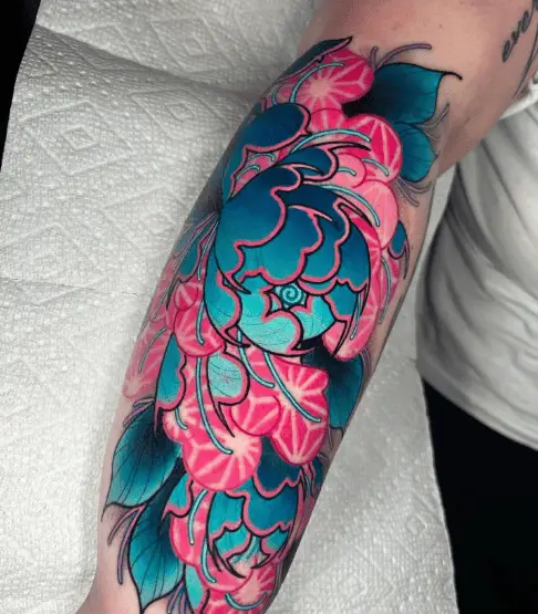 Neon Blue and Pink Irezumi Peony Forearm Tattoo