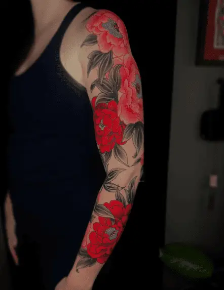 Japanese Peonies Floral Full Sleeve Tattoo