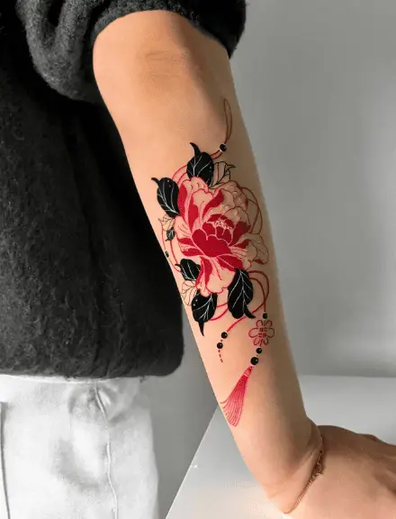 Red Thread Tangled in a Black Leaves and Red Peony Flower Tattoo