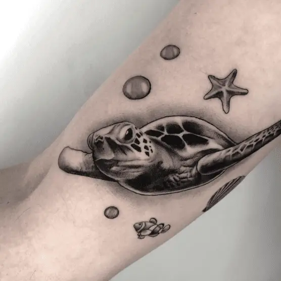 Black and Grey Flying Sea Turtle Tattoo