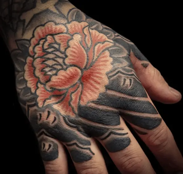 Single Japanese Peony with Mikiri Background Hand Tattoo