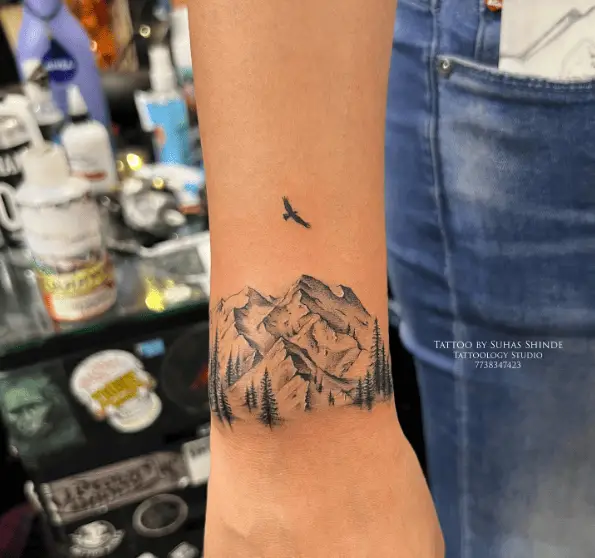Realistic Mountain Trees and Crow Tattoo 