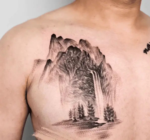Waterfall, Trees with Mountain Chest Tattoo