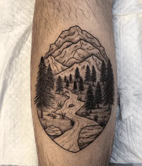Mountain with Trees and Pathway Tattoo