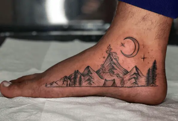 Mountain, Trees, Moon and Stars Foot Tattoo
