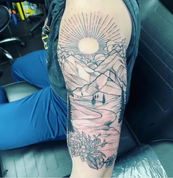 Mountain, Trees, Flowers, Sun and Pathway Arm Tattoo