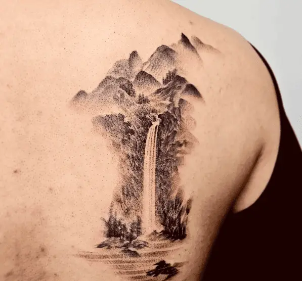 Mountain with Waterfall Back Tattoo