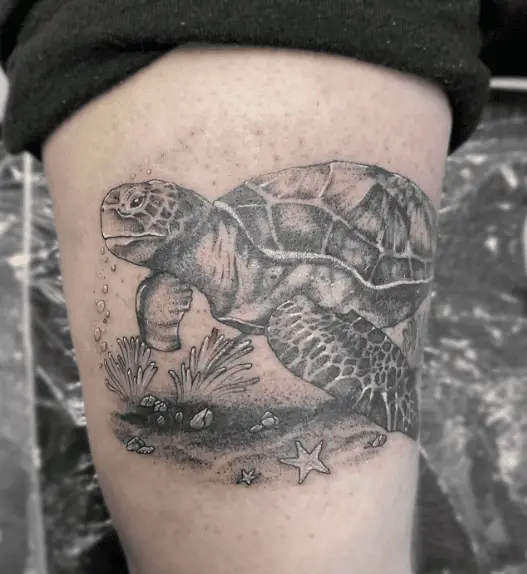 Greyscale Underwater Sea Turtle Tattoo