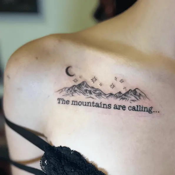 Mountain with Half Moon, Stars and Lettering Tattoo