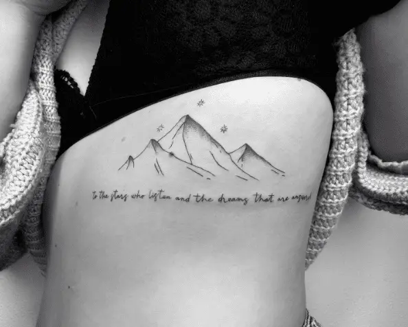 Mountain and Stars with Quote Rib Tattoo