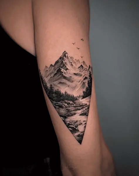 Geometric Shape Framed Mountain with River Arm Tattoo 