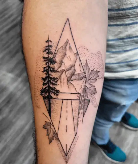 Diamond Shaped Mountain with Tress, Leaves and Dotted Tiger Tattoo