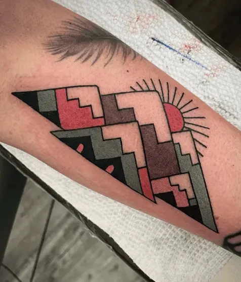 Colorful Block Style Mountain and Sun Tattoo