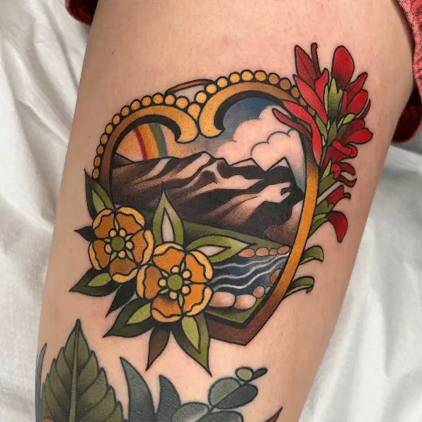Colorful Heart Shaped Mountain Tattoo with Florals Tattoo