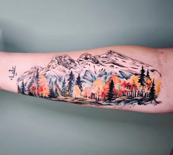 Vibrant Colors Mountain Range Forearm Tattoo