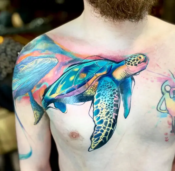 Underwater Sea Turtle Shoulder Tattoo Piece