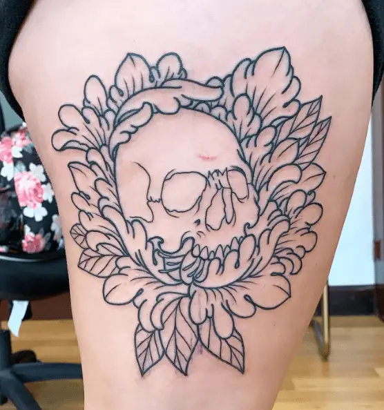 Peony Skull Outline Tattoo