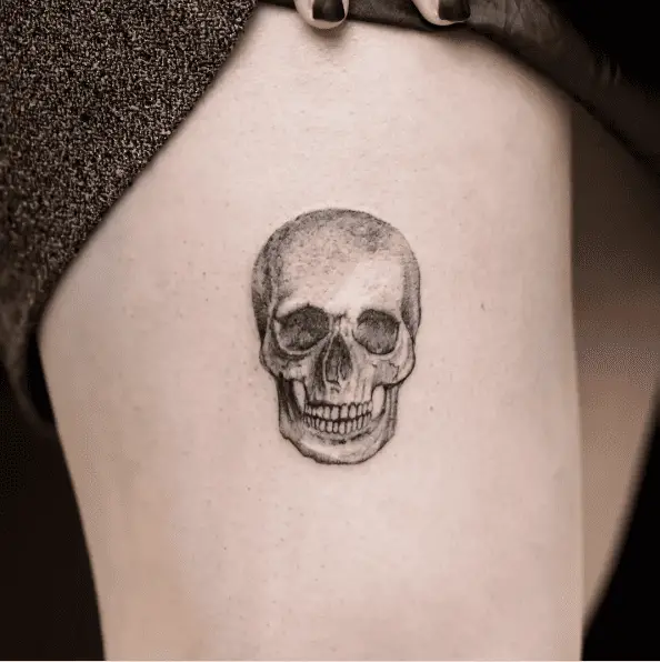 Greyscale Skull Head Thigh Tattoo