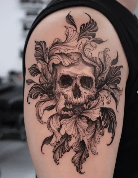 Floral Skull Face Arm Tattoo