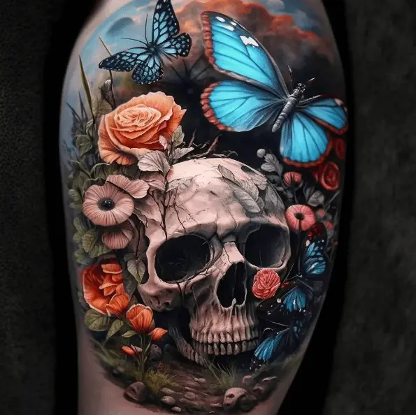 Colorful Flowers and Butterflies Skull Tattoo Piece