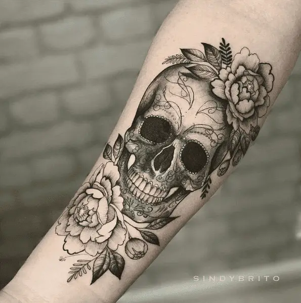 Botanical Skull Face Forearm Tattoo