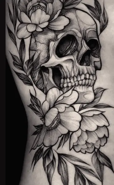 Greyscale Female Skull with Florals Tattoo