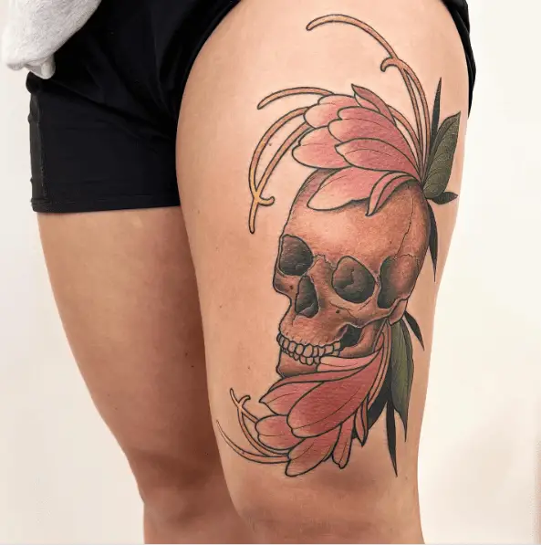 Skull with Pink Floral Thigh Tattoo