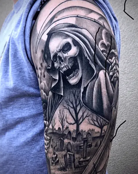 Creepy Skull and Grave Combined Tattoo