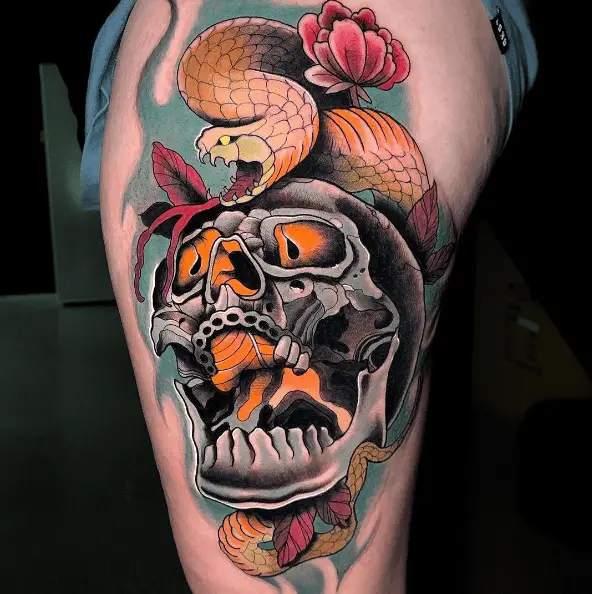 Colorful Snake and Skull Tattoo