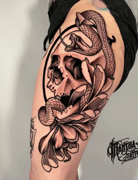 Snake and Skull Floral Thigh Tattoo Piece