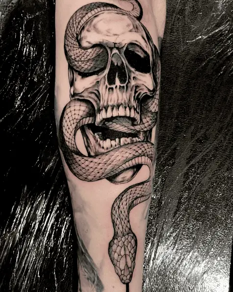 Black and Grey Skull and Snake Tattoo